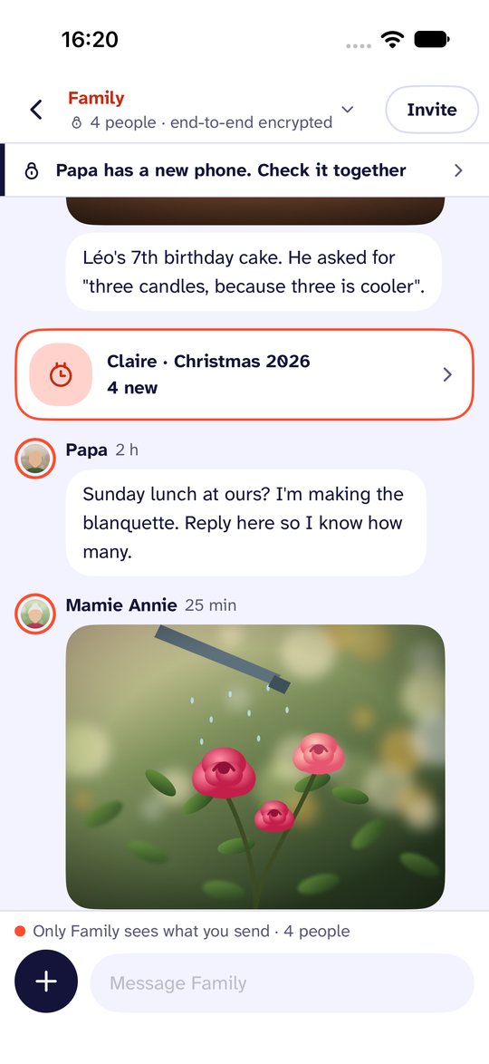 Screenshot of Noo. A family circle. Its colour marks what only this circle can see.