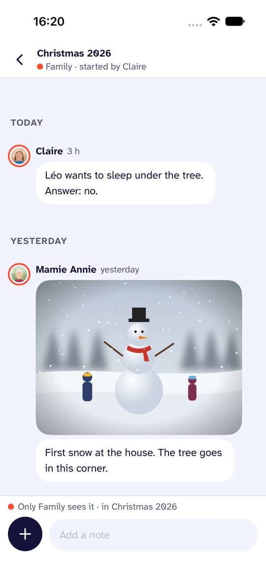 Screenshot of Noo. An experience: Christmas, a trip or a move, in its own space, away from the chat.