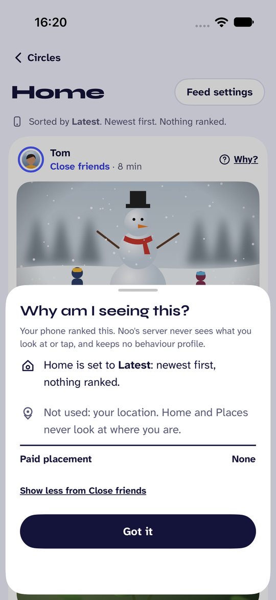 Screenshot of Noo. Tap “Why?” on any post to see why it’s there.